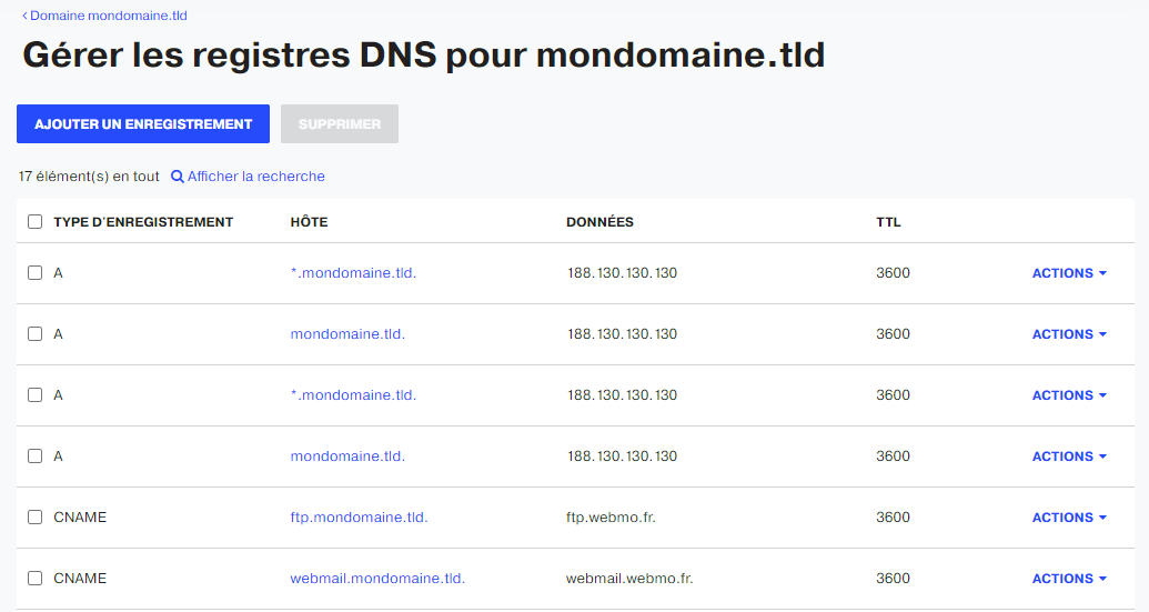 entrées DNS par défaut