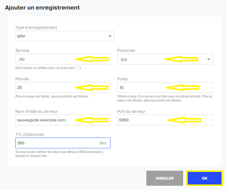 Añadir un registro SRV