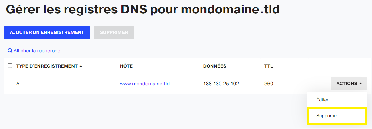 Supprimer une entrée DNS