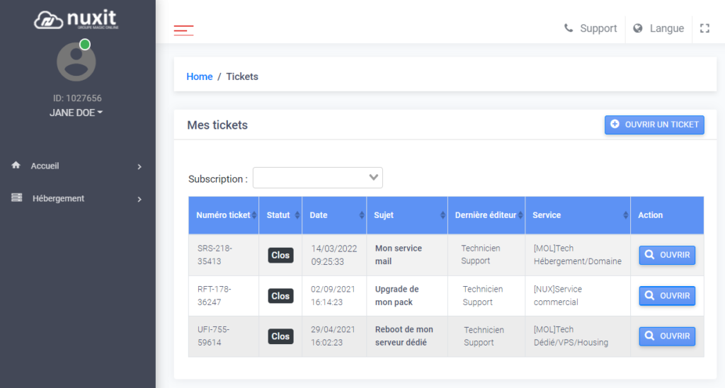 Récapitulatif des tickets support