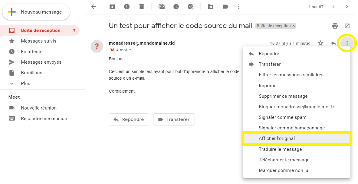 Display the source of an e-mail